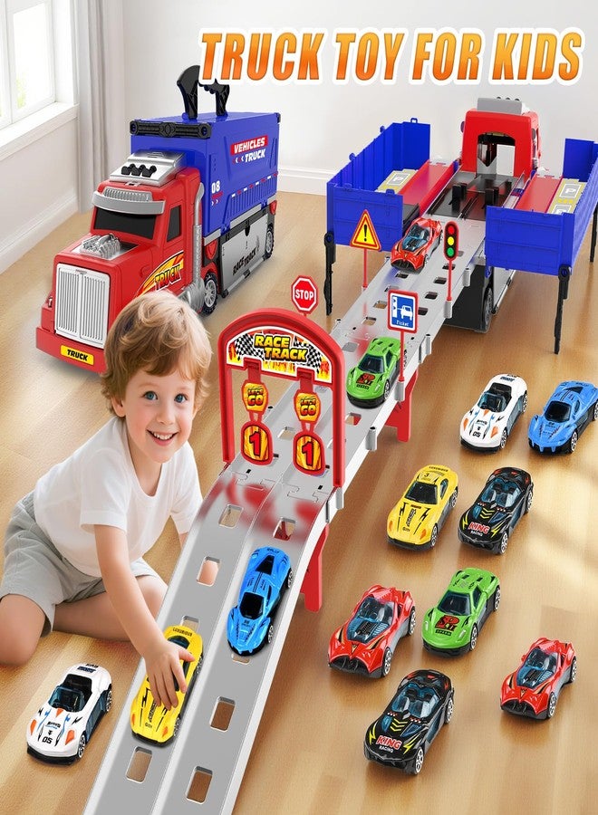 ShyLizard Carrier Truck Race Track Toys, Truck Toys for 3, 4, 5, 6, 7, 8 Years Old Kids, Foldable Transport Truck Toys Car with Lights & Sounds, 6 Metal Cars, Birthday Gifts for Toddler Boys Girls - Image 4